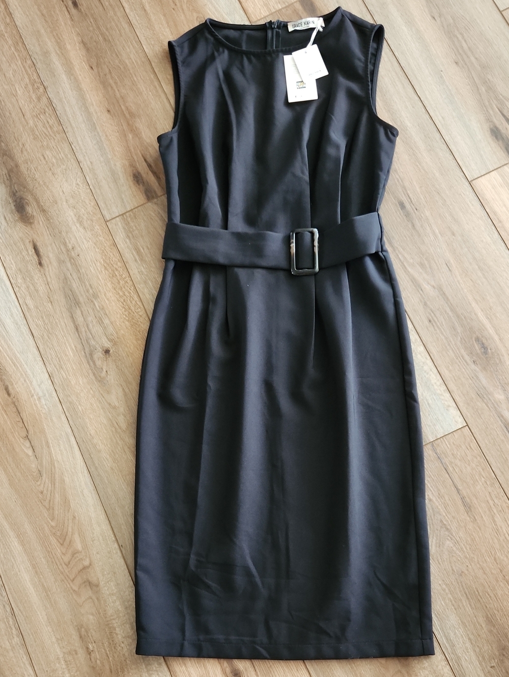 NWT Grace Karin Sleek Black Belted Midi Sheath Dress  Women's Size Medium
